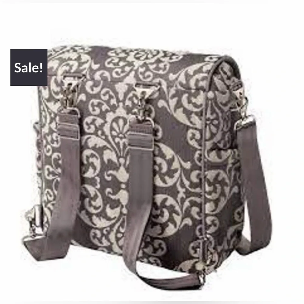 Petunia Pickle Bottom Boxy Backpack Diaper Bag Gray Damask Travel Hospital ~ EUC
